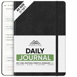 Daily Gratitude Journal A5 Undated Self Care Planner w/ Prompts Black